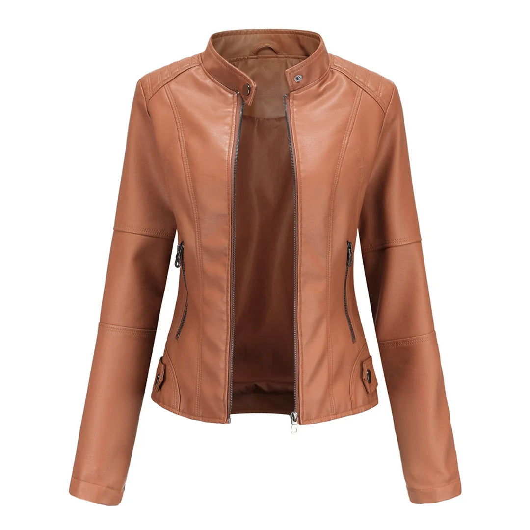 Close-up of women's biker jacket stand collar with snap-button detailing and zip closure