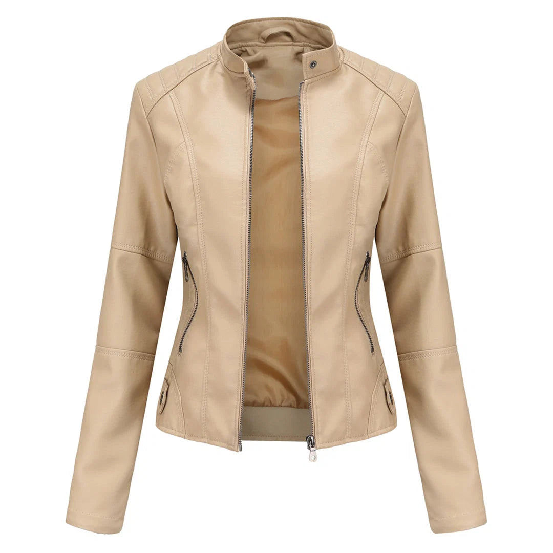 Side view of women's structured biker jacket showing fitted silhouette and long sleeves