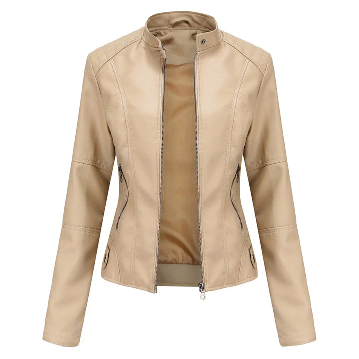 Side view of women's structured biker jacket showing fitted silhouette and long sleeves