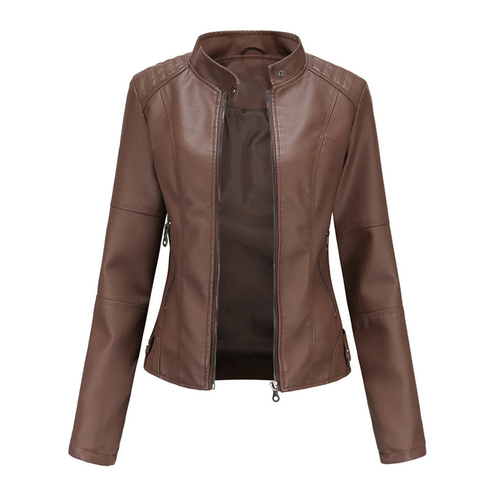 Women's biker jacket detail showing zippered side pocket and visible seam construction