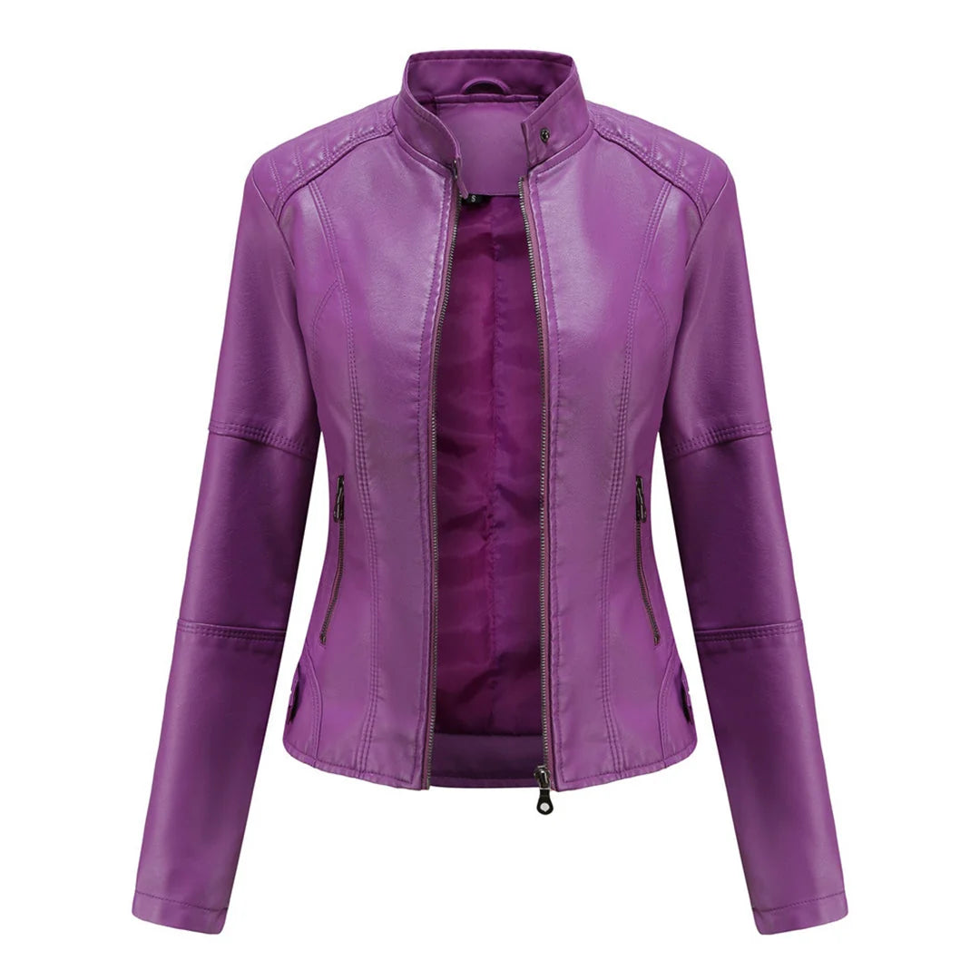 Back view of women's biker jacket with structured shoulders and clean hemline finish
