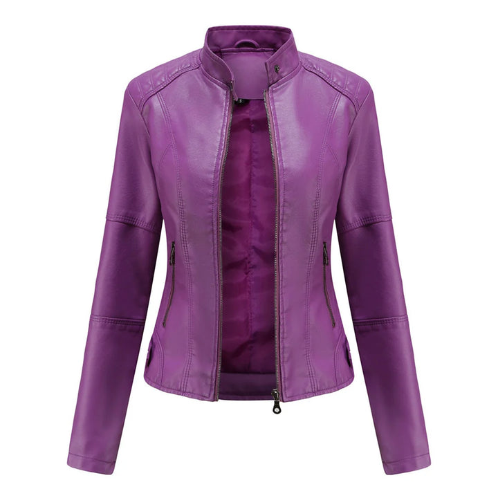 Back view of women's biker jacket with structured shoulders and clean hemline finish