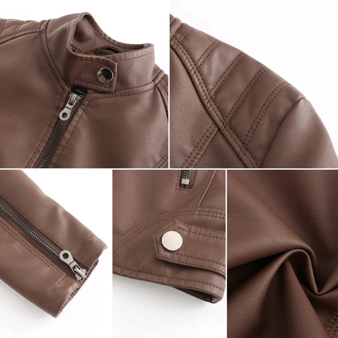 Women's biker jacket sleeve detail showing full-length cut with straight cuff finish