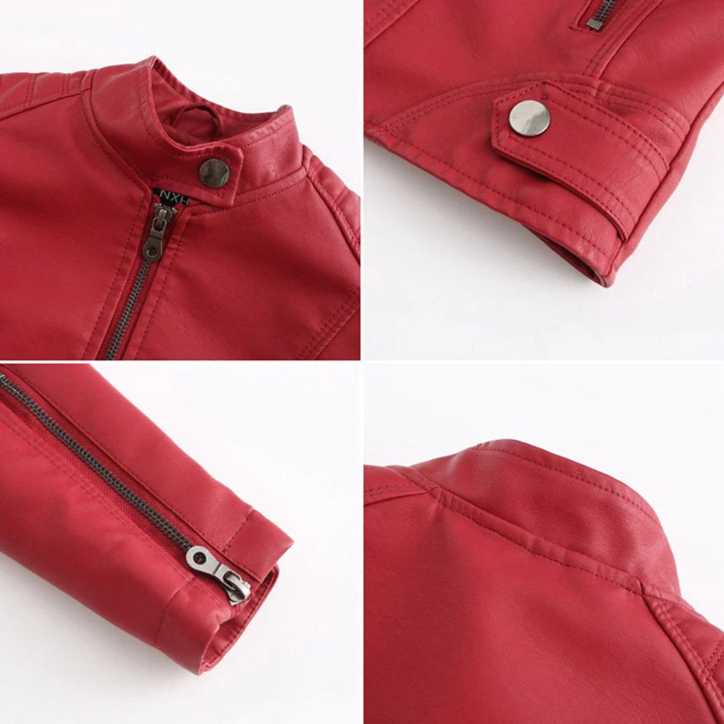 Women's biker jacket worn styled showing fitted shape and stand collar neckline