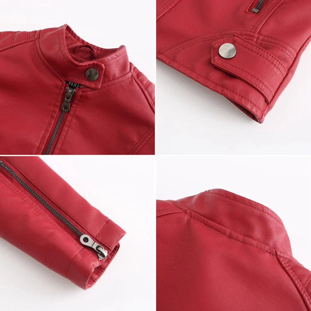 Women's biker jacket worn styled showing fitted shape and stand collar neckline