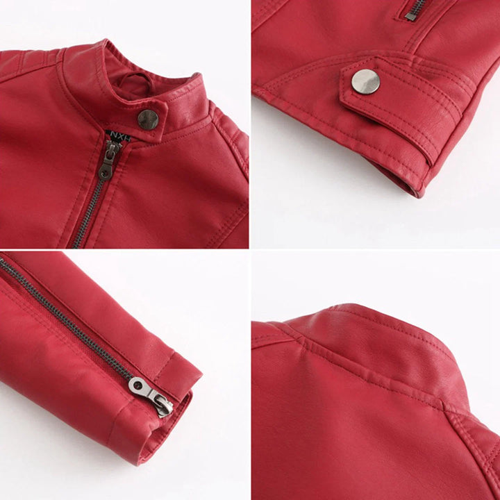 Women's biker jacket worn styled showing fitted shape and stand collar neckline