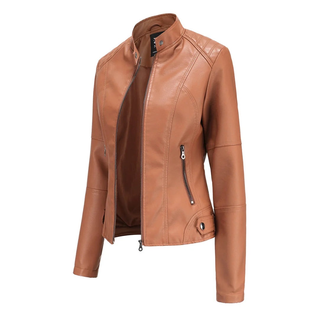 Women's biker jacket flat lay showing full front zip and side pocket placement