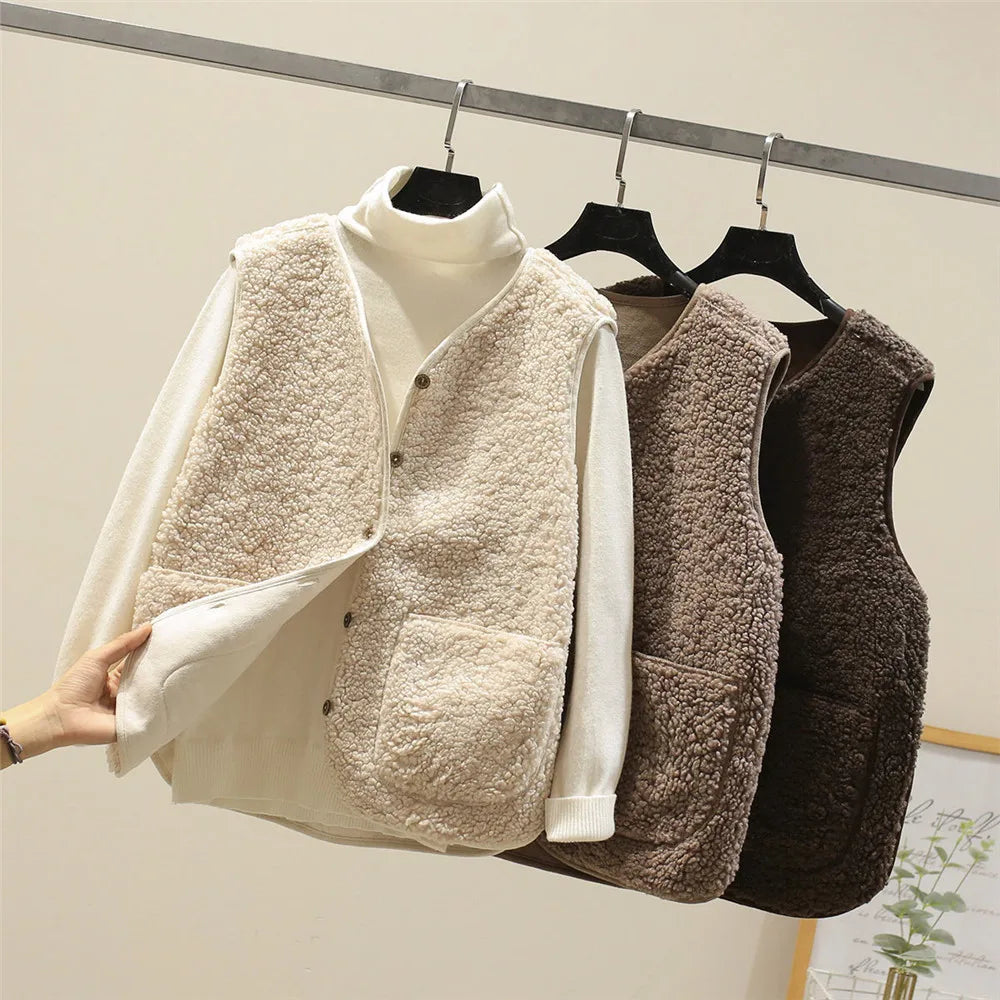 Close-up of textured fleece gilet showing button closure and patch pocket detail on brown sleeveless waistcoat