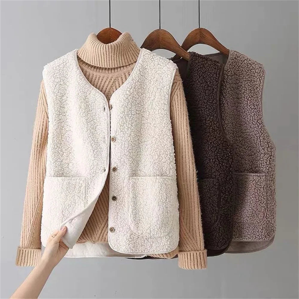Side view of women's fleece gilet displaying relaxed fit and hip-length silhouette over ribbed knitwear