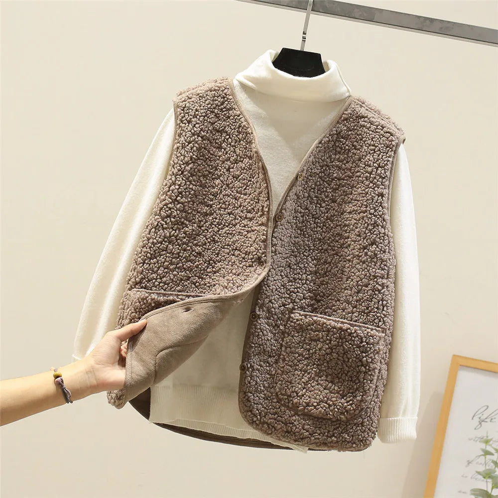 Back view of textured fleece gilet showing relaxed fit and hip-length cut for layering
