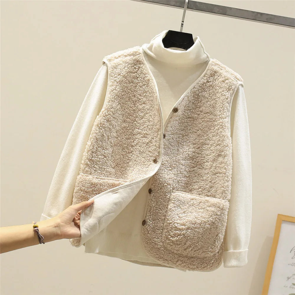 Brown fleece waistcoat layered over cream ribbed jumper, displaying button-up front and side pockets