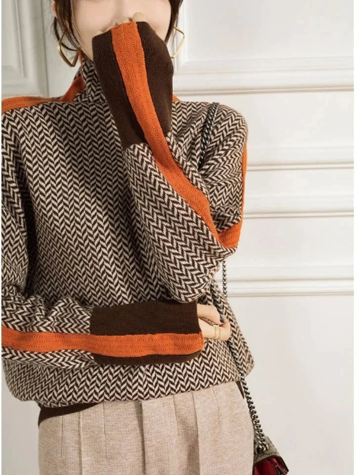 Women's herringbone jumper with polo neck and contrast rust orange and brown ribbed trim