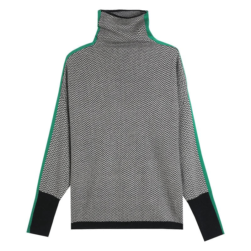 Women's herringbone jumper layered over neutral bottoms for autumn casual styling
