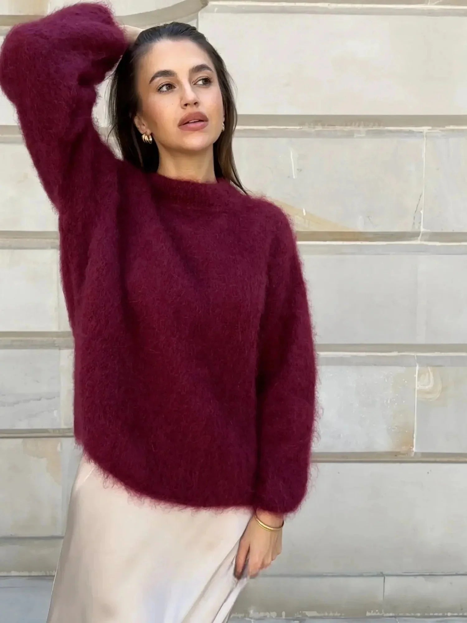 Full-length view of oversized fluffy jumper showing relaxed fit and cosy silhouette