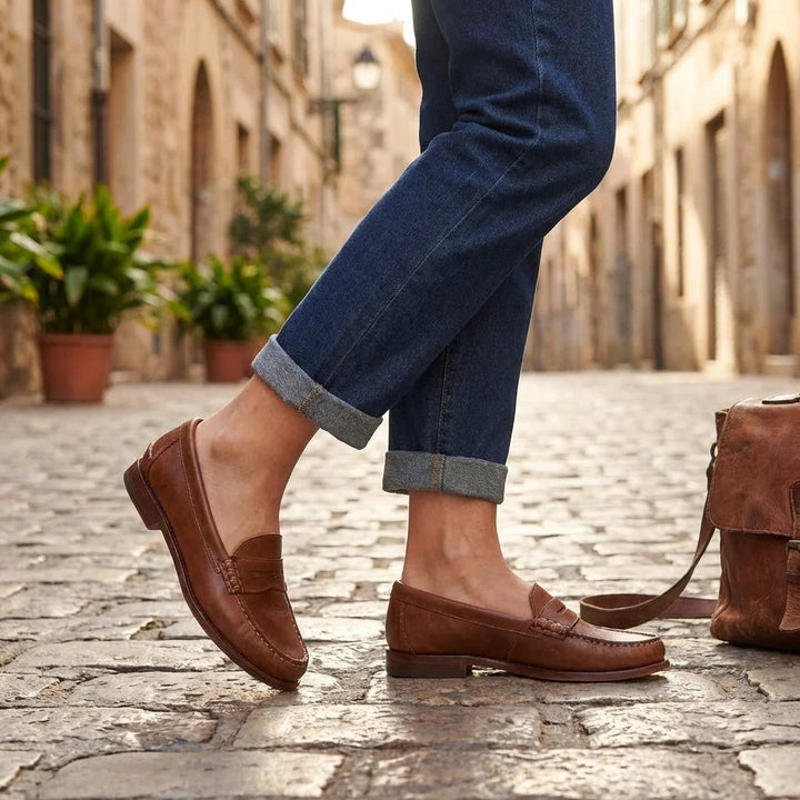 Close-up of women's penny loafers showing woven penny strap detail and polished leather-look finish