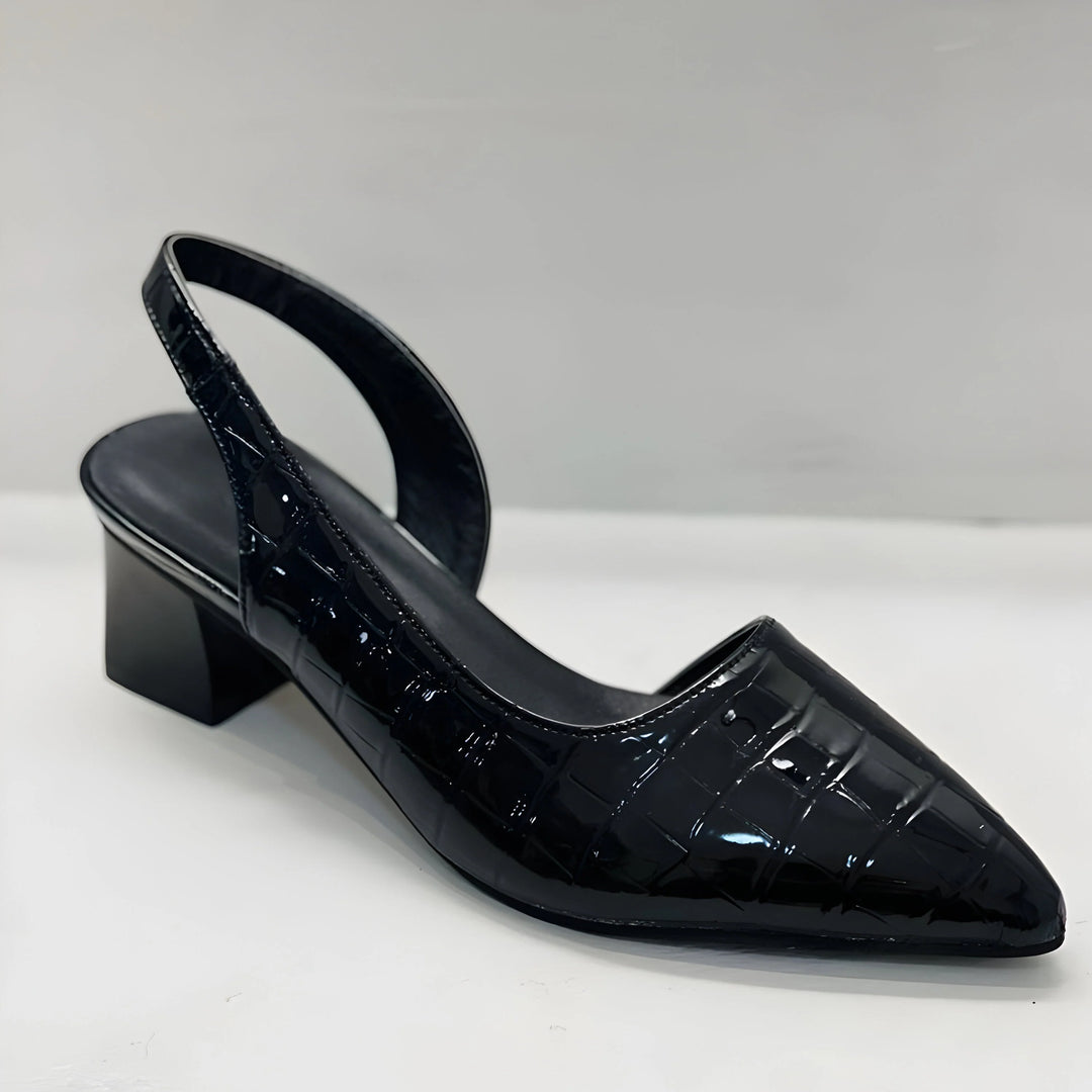Side angle of women's slingback flats with low block heel and elasticated strap detail