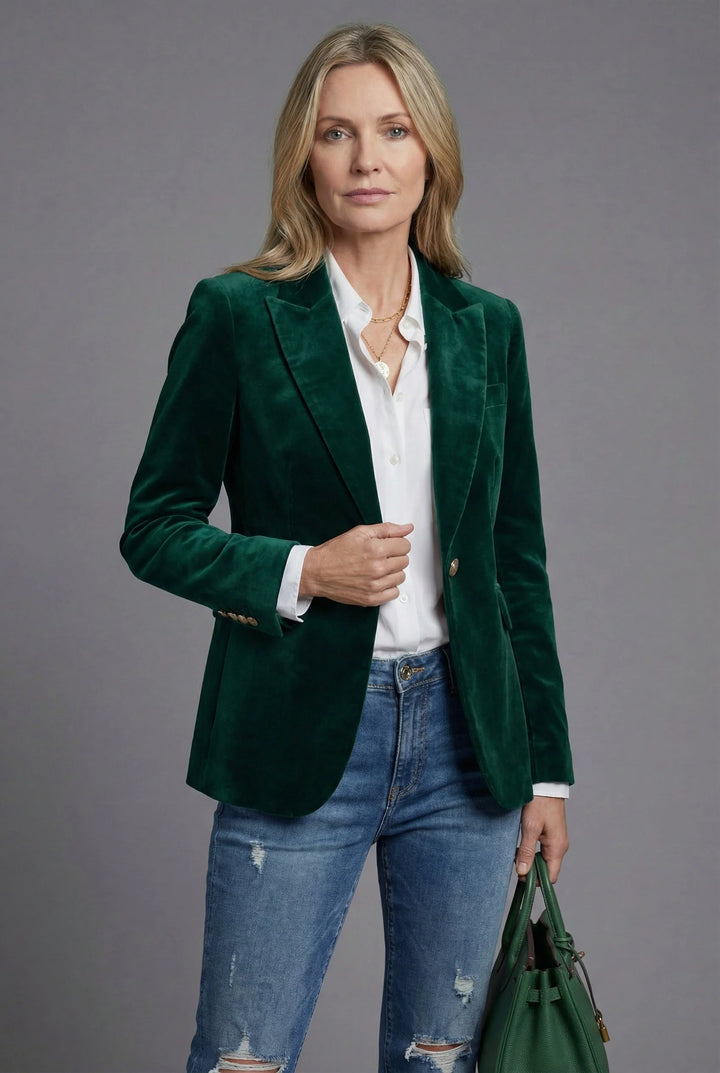 Detail of velvet blazer single-button closure and smooth fabric finish with structured tailoring