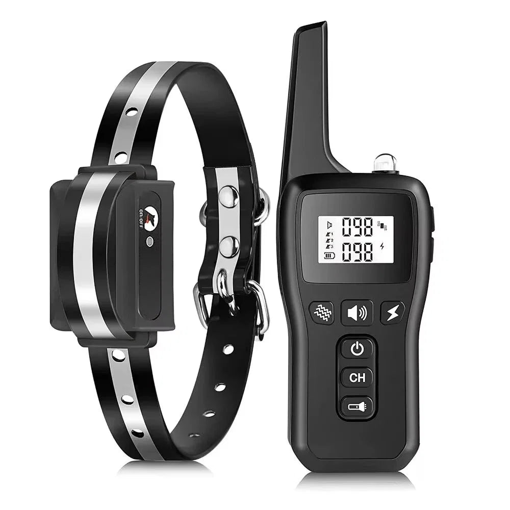 Dog training collar with remote control featuring digital display and adjustable black strap with silver accents