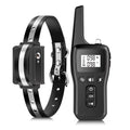 Dog training collar with remote control featuring digital display and adjustable black strap with silver accents