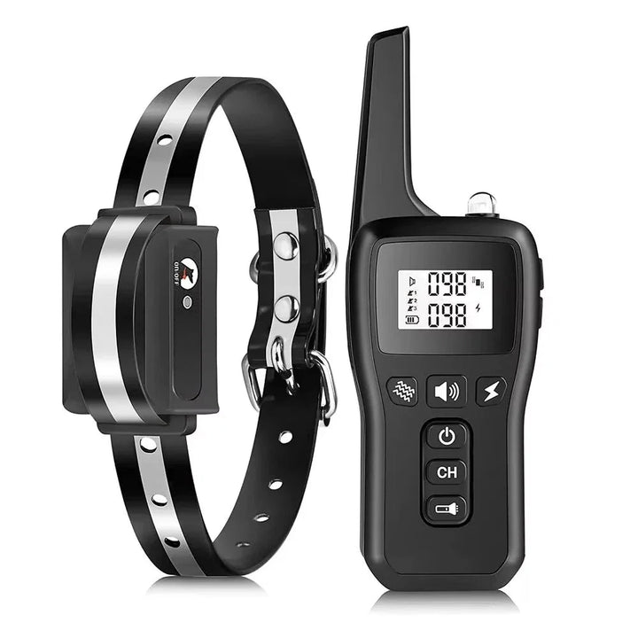 Dog training collar with remote control featuring digital display and adjustable black strap with silver accents