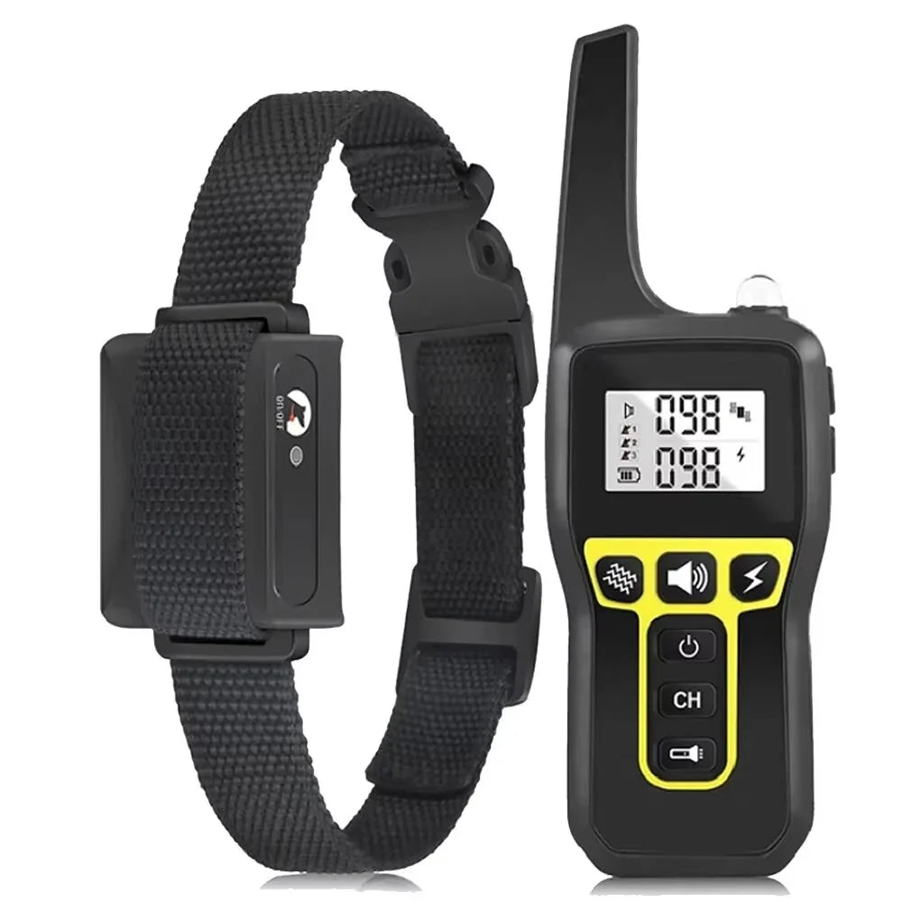 Handheld remote control for dog training collar displaying digital screen and control buttons