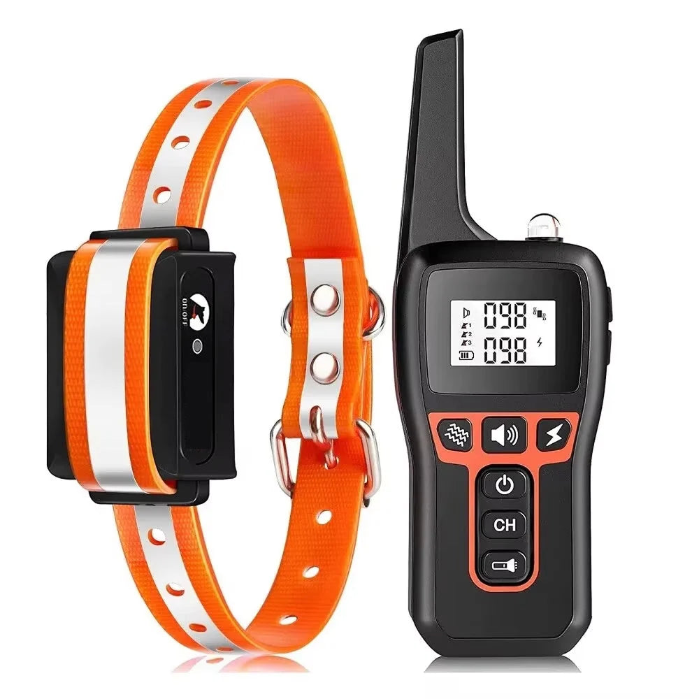 Side view of waterproof dog training collar receiver with adjustable strap and metal buckle