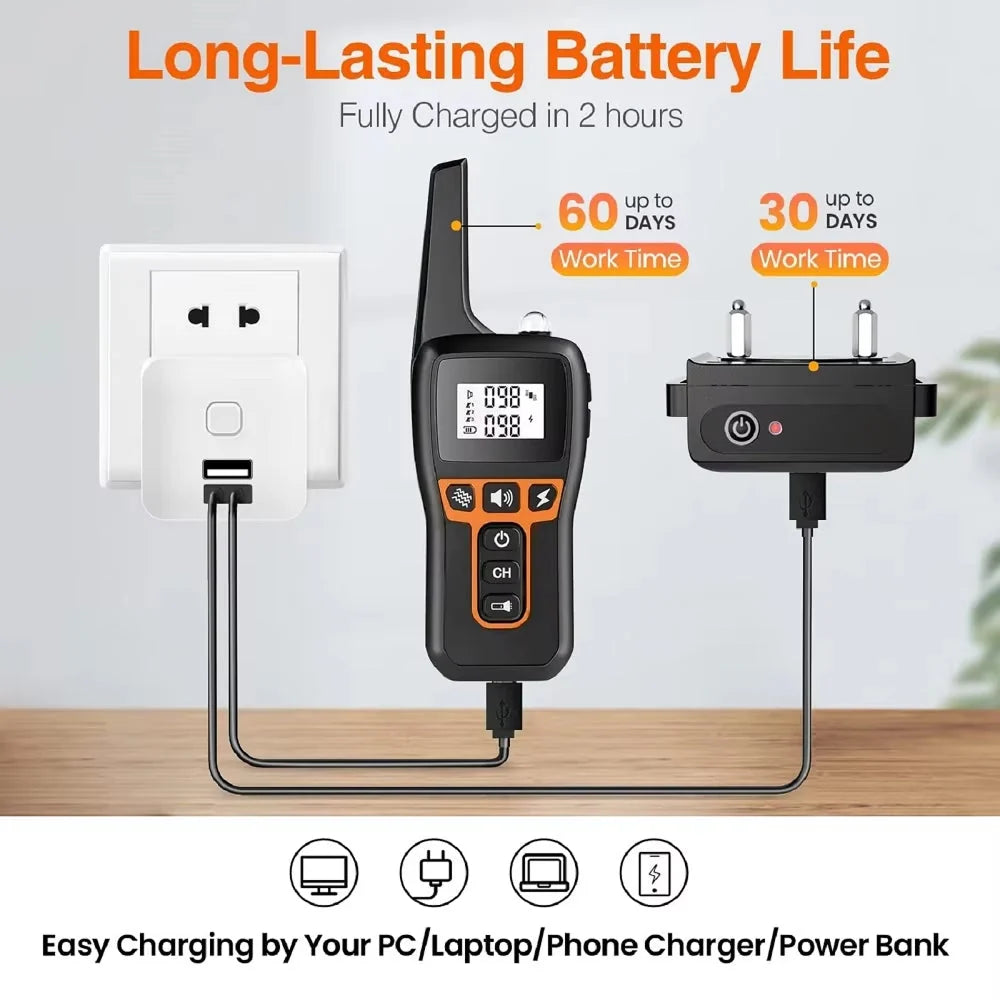 Dog training collar system showing remote and receiver unit with battery indicator display