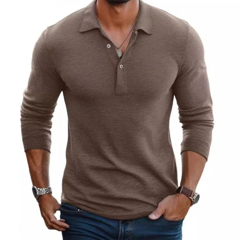 Man wearing taupe men's long sleeve polo shirt with structured collar and three-button placket in slim fit