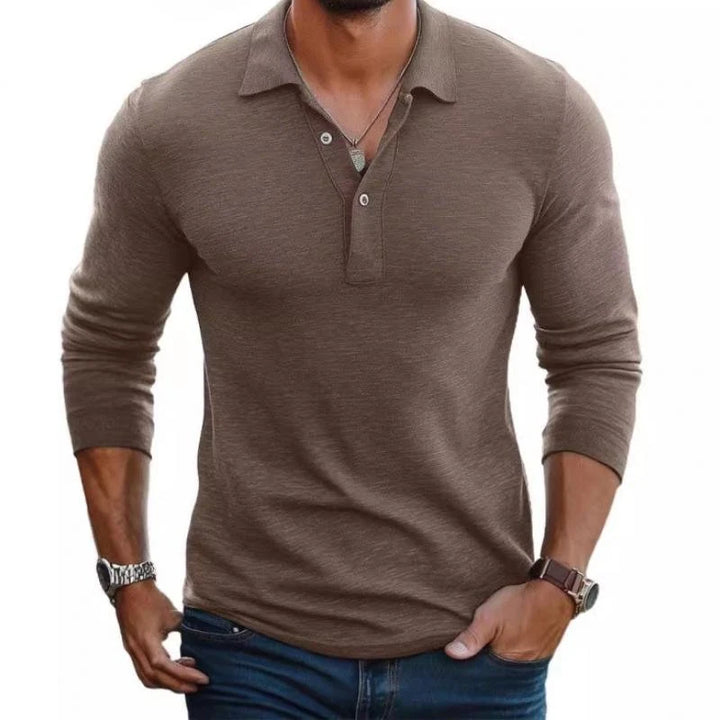 Man wearing taupe men's long sleeve polo shirt with structured collar and three-button placket in slim fit