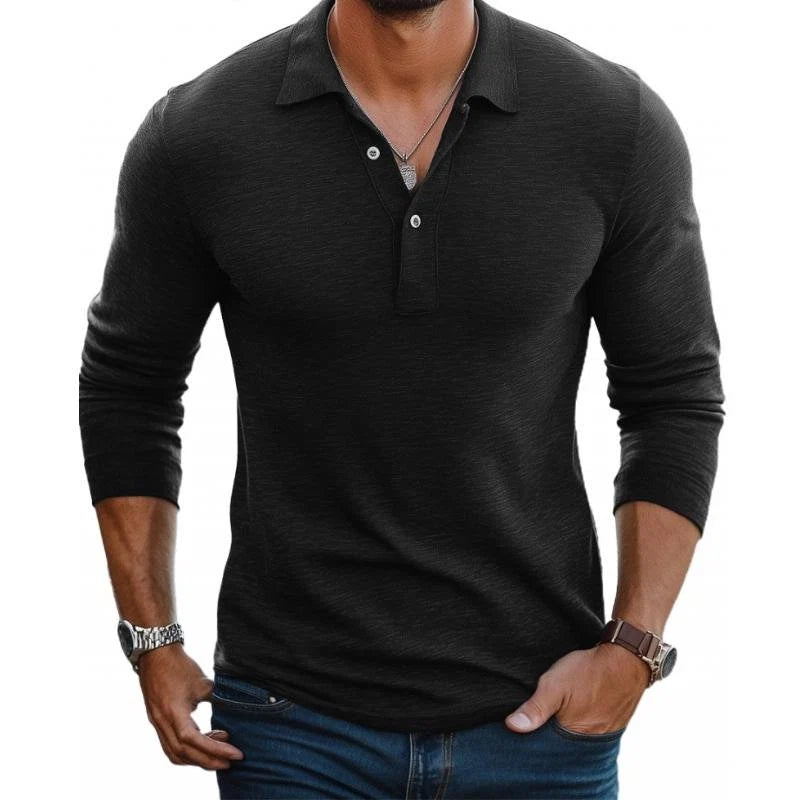 Close-up view of men's long sleeve polo shirt showing smooth knit fabric and ribbed cuffs