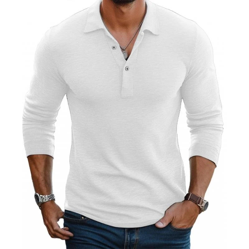 Side view of men's slim fit long sleeve polo shirt with structured collar and reinforced hem