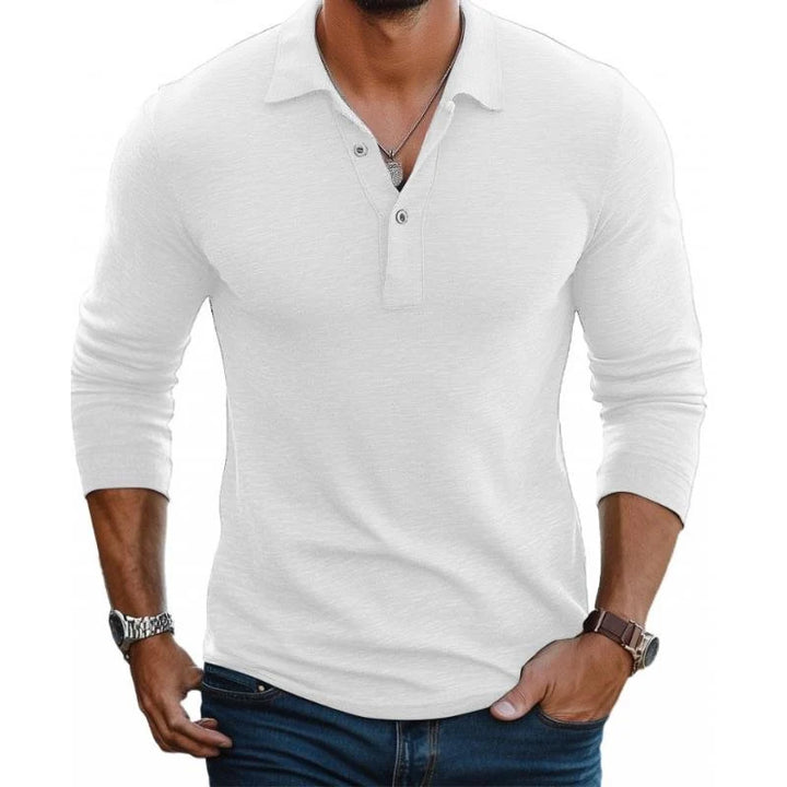 Side view of men's slim fit long sleeve polo shirt with structured collar and reinforced hem