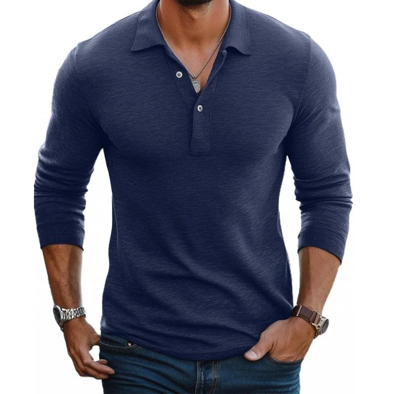 Detail shot of three-button placket and structured collar on men's long sleeve polo shirt