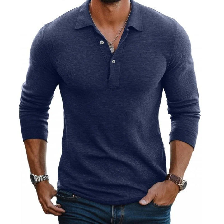 Detail shot of three-button placket and structured collar on men's long sleeve polo shirt