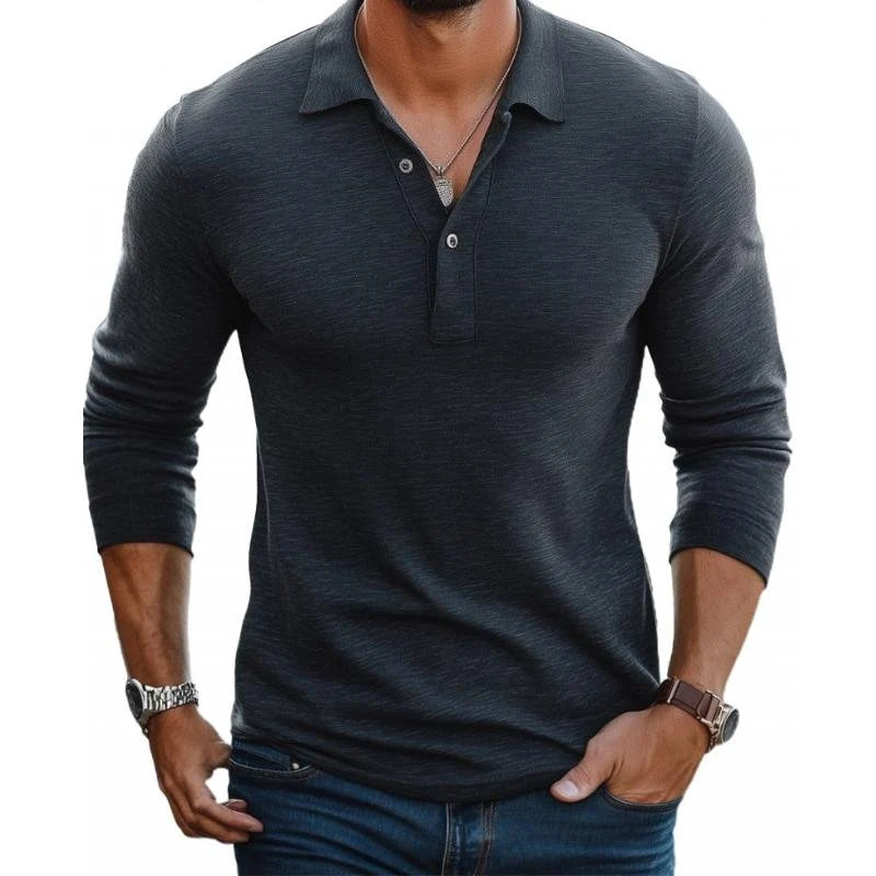 Full-length view of men's long sleeve polo shirt styled with dark denim jeans