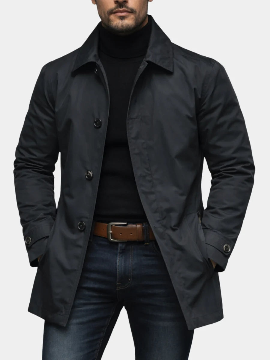 Men's quilted trench coat in charcoal grey with button-front closure and notched collar
