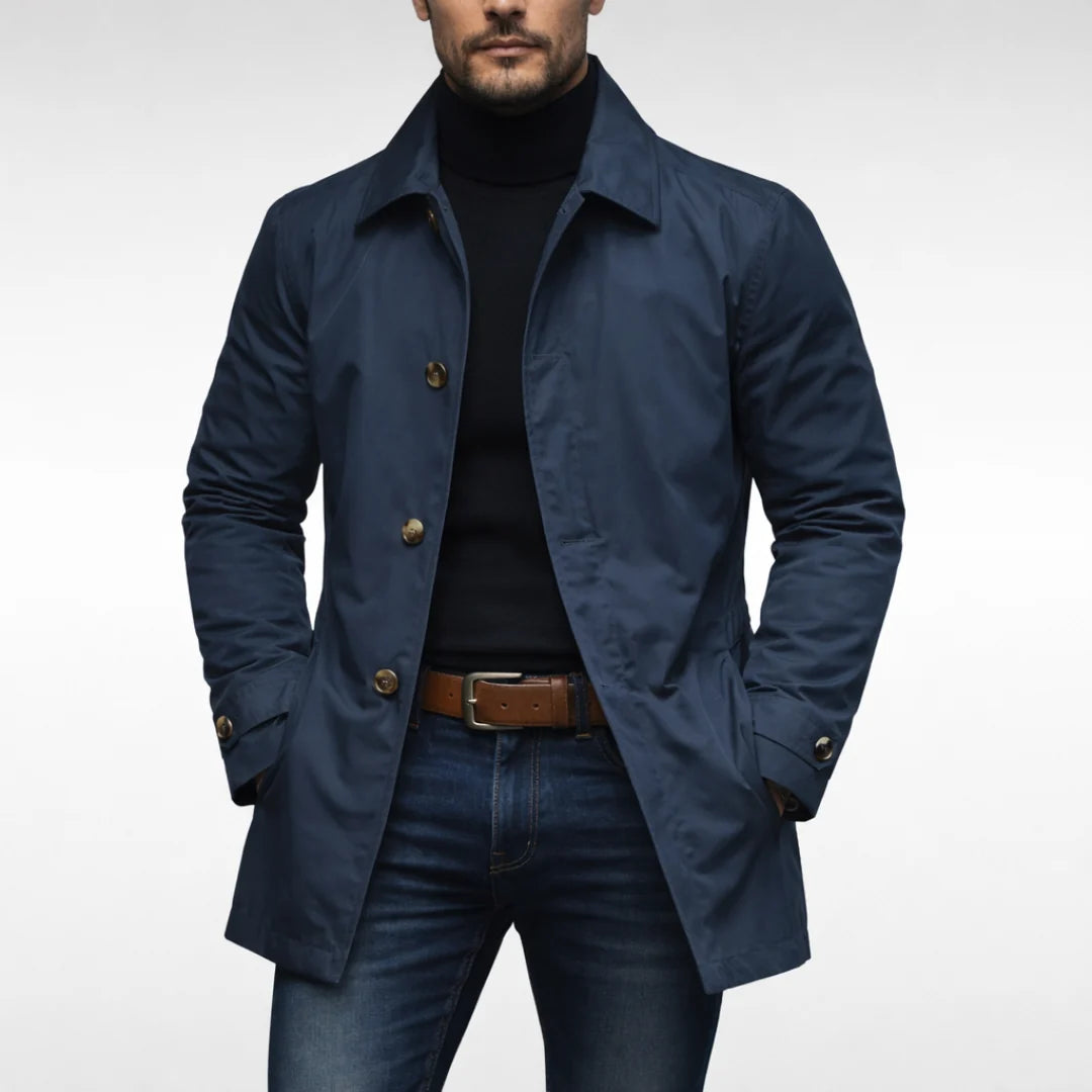 Men's weather-resistant trench coat with functional hip pockets and refined silhouette