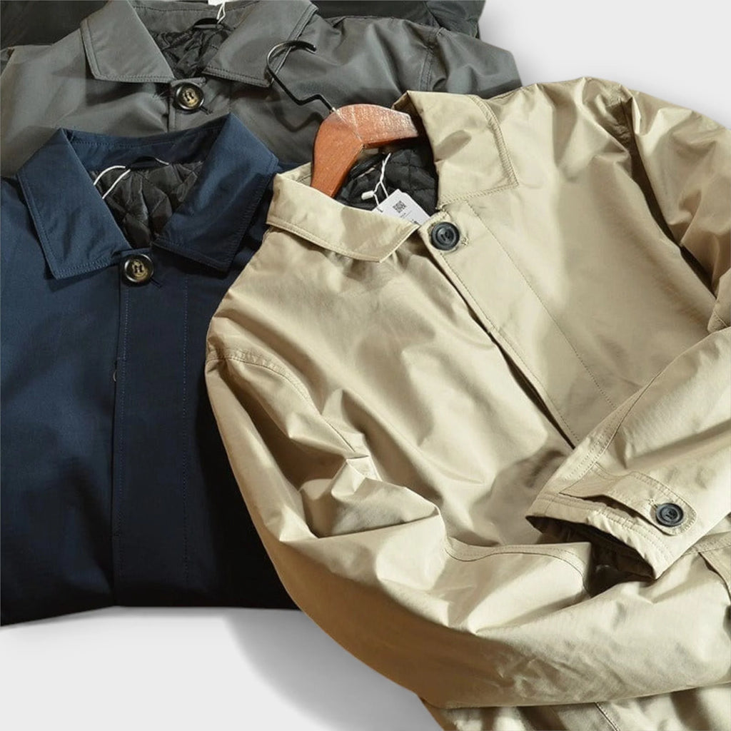 Full-length view of men's quilted trench coat in charcoal for everyday wear
