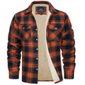Men's sherpa lined plaid shirt jacket in orange and navy check pattern with button-down front and chest pockets
