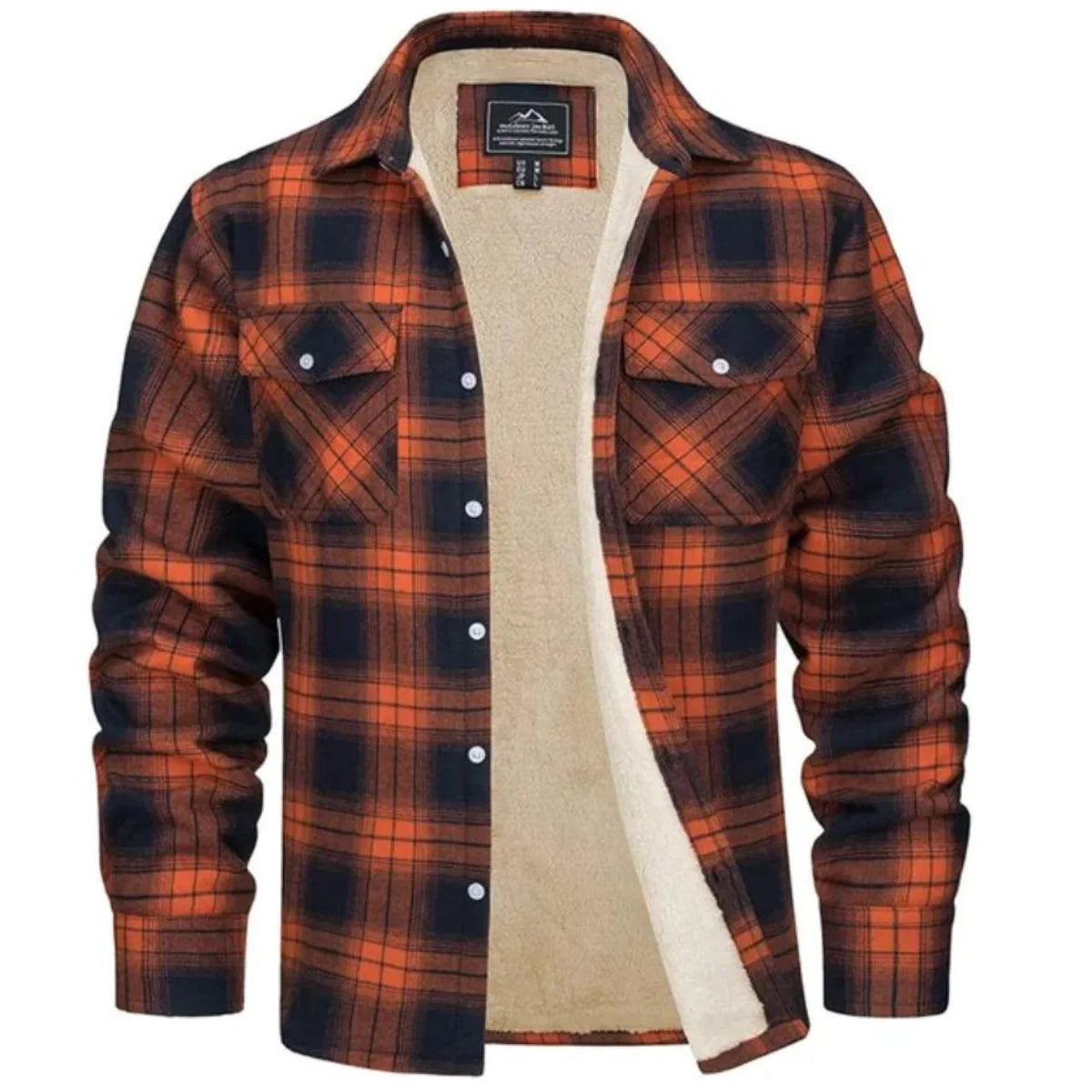 Men's sherpa lined plaid shirt jacket in orange and navy check pattern with button-down front and chest pockets