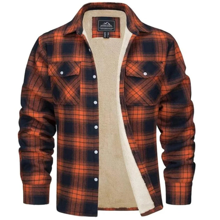 Men's sherpa lined plaid shirt jacket in orange and navy check pattern with button-down front and chest pockets