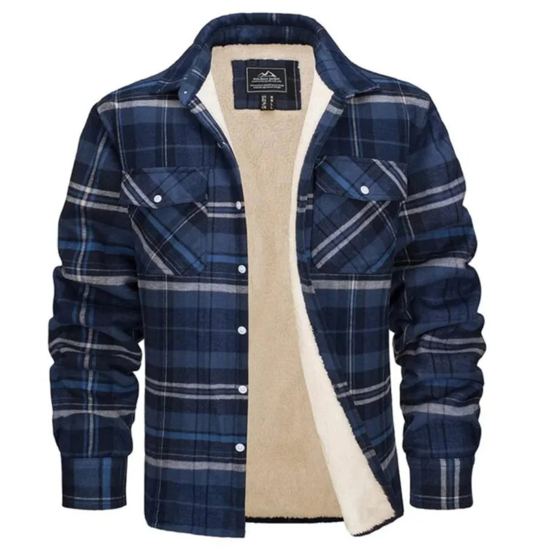 Flat lay of sherpa lined plaid jacket highlighting check pattern and dual chest pocket design