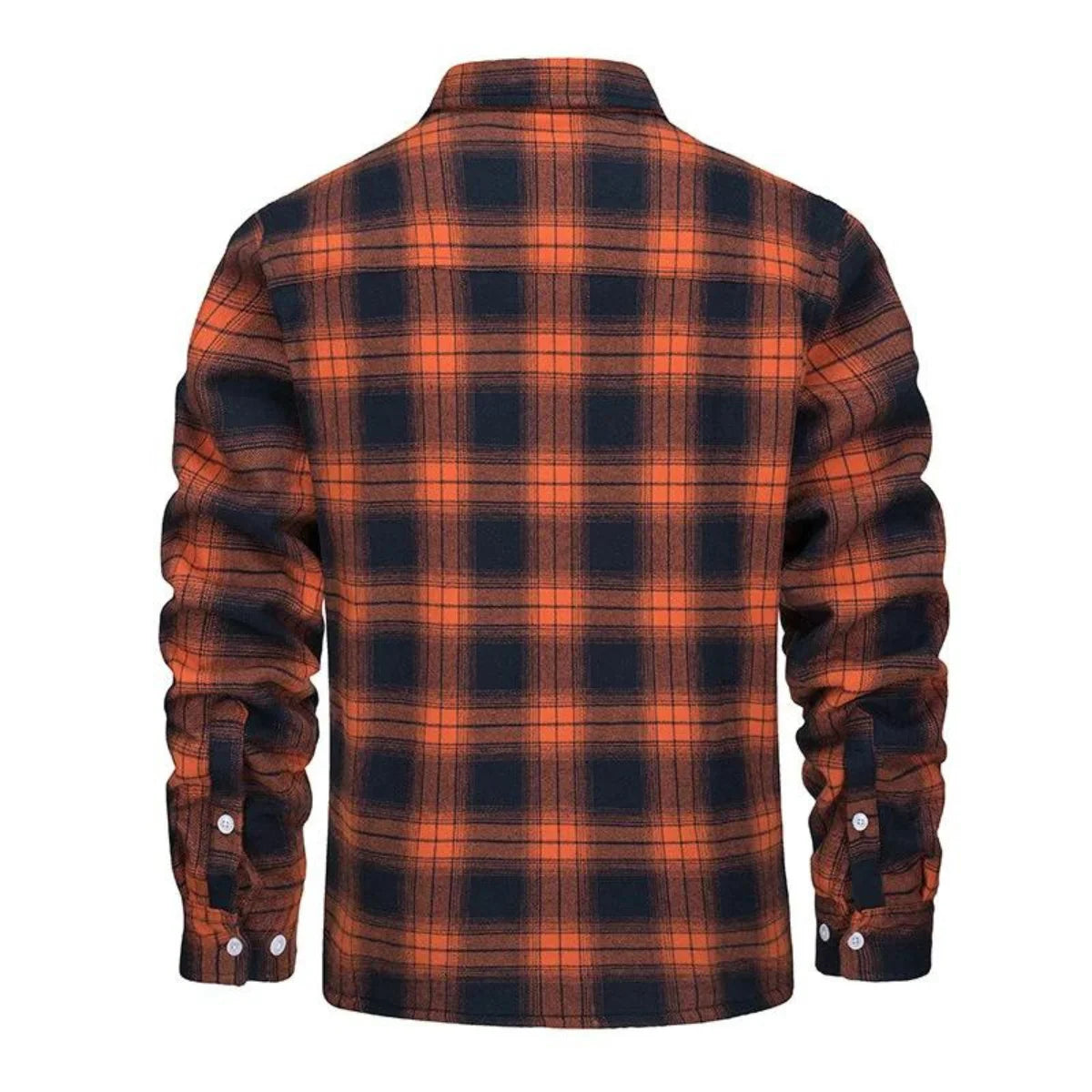 Front view of men's plaid shirt jacket showing classic check design and collared neckline with button closure