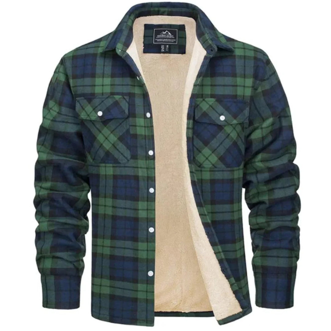 Close-up detail of plaid jacket chest pocket with button flap closure and check pattern weave