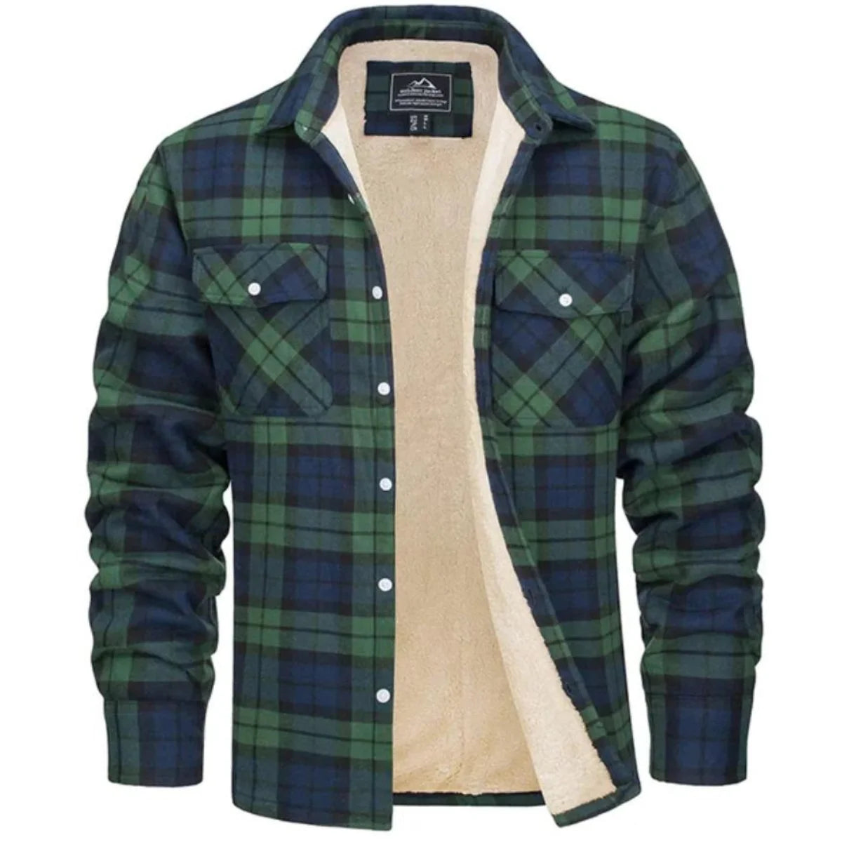 Close-up detail of plaid jacket chest pocket with button flap closure and check pattern weave