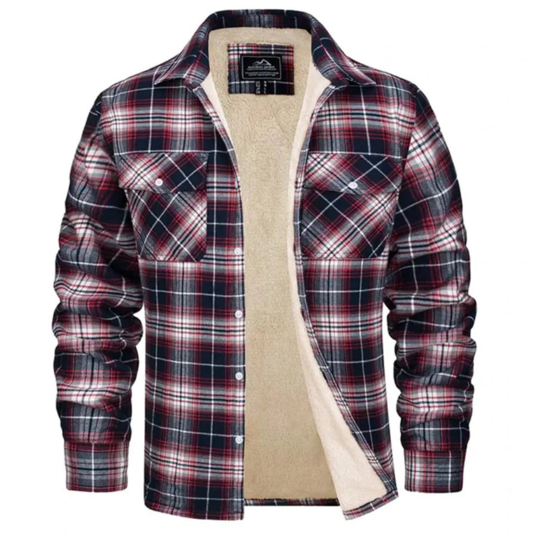 Men's sherpa jacket worn open showing fleece lining and layering potential over casual jumper