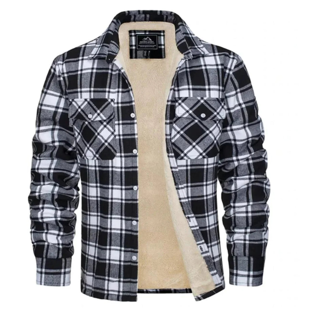Back view of plaid shirt jacket displaying check pattern continuity and regular fit cut