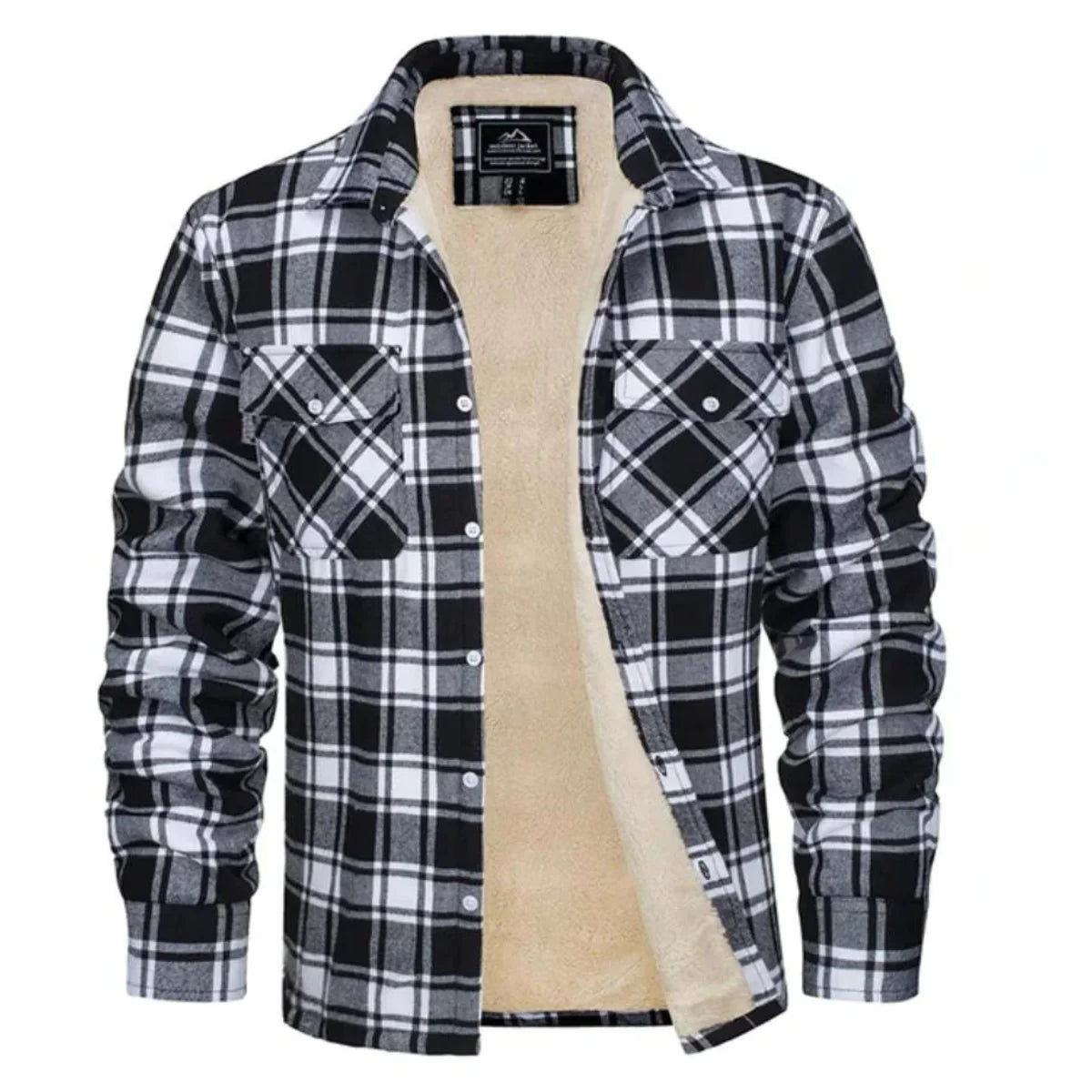 Back view of plaid shirt jacket displaying check pattern continuity and regular fit cut