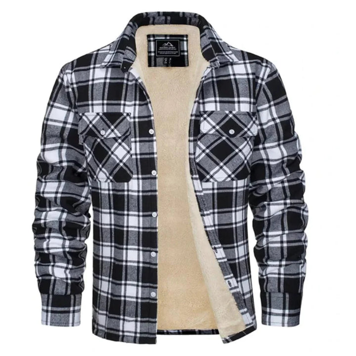 Back view of plaid shirt jacket displaying check pattern continuity and regular fit cut