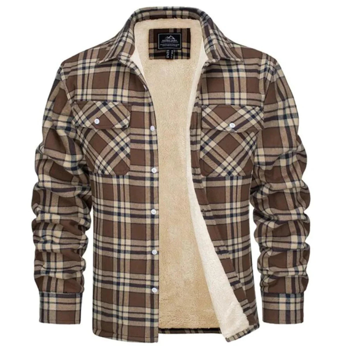 Detail shot of button-down front closure and collared neckline on men's sherpa lined jacket